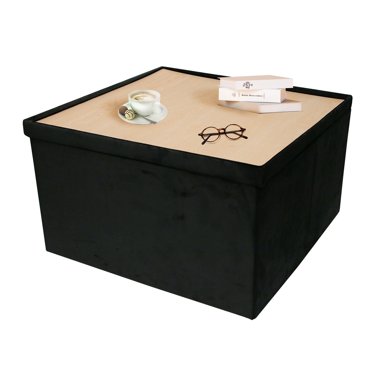 Coffre Pouf Pliable Table Velours Noir 76X76Cm