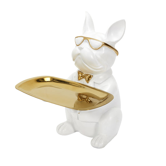 Sculpture Deco Bulldog Blanc Vide Poche 23Cm