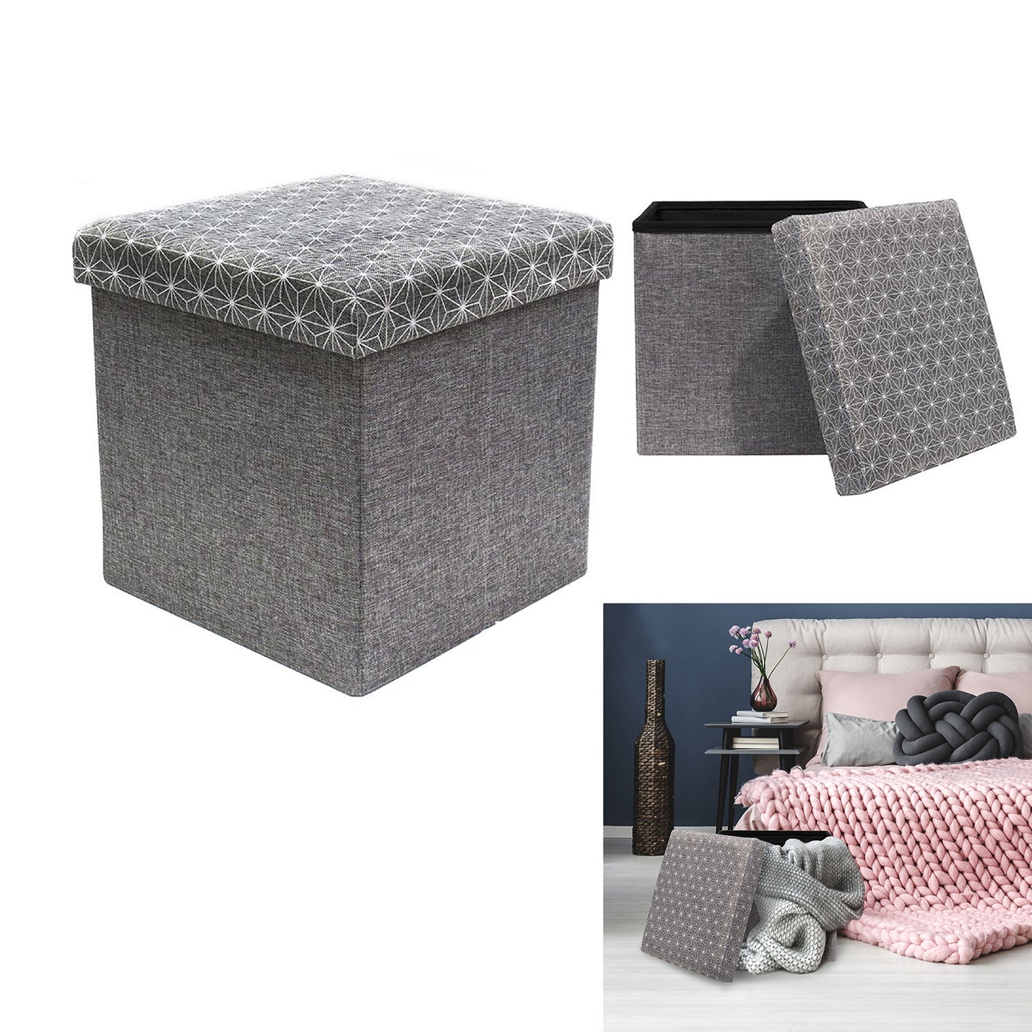 Coffre Pouf Pliable Gris Motif Blanc