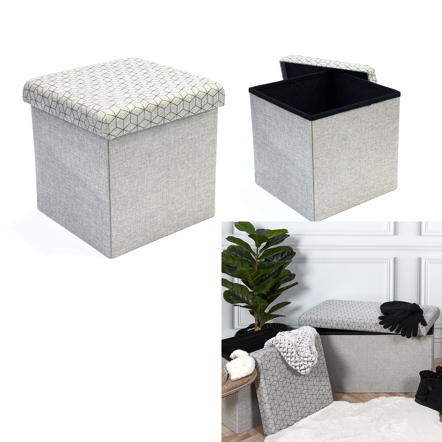 Coffre Pouf Pliable Gris Motif Noir