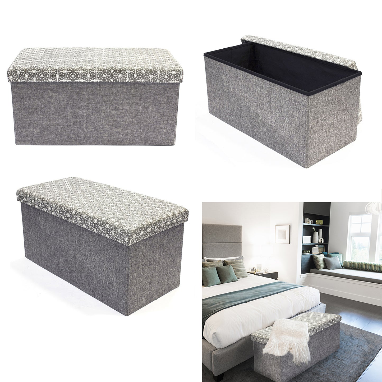 Coffre Banc Pliable Gris Motif Blanc