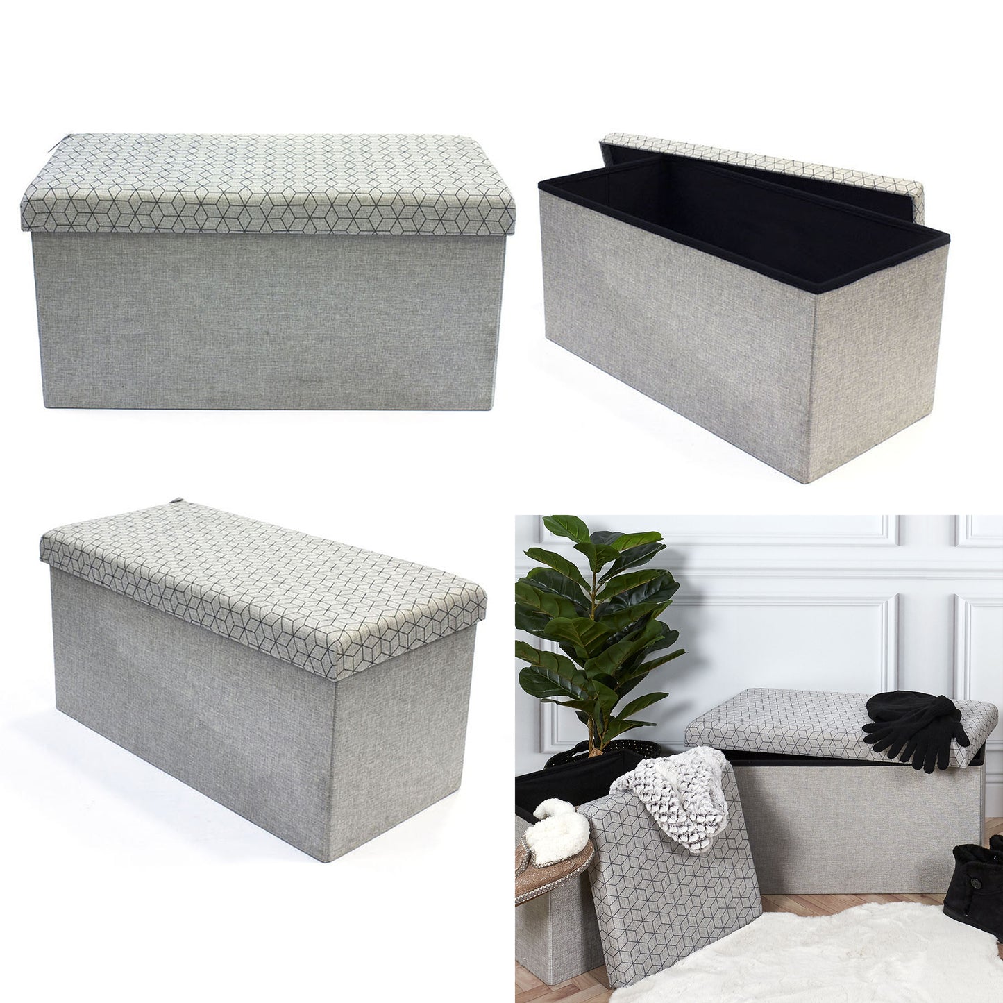 Coffre Banc Pliable Gris Motif Noir