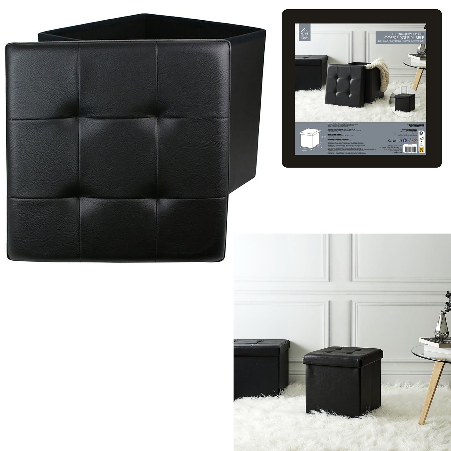 Coffre Pouf Pliable Pu Noir