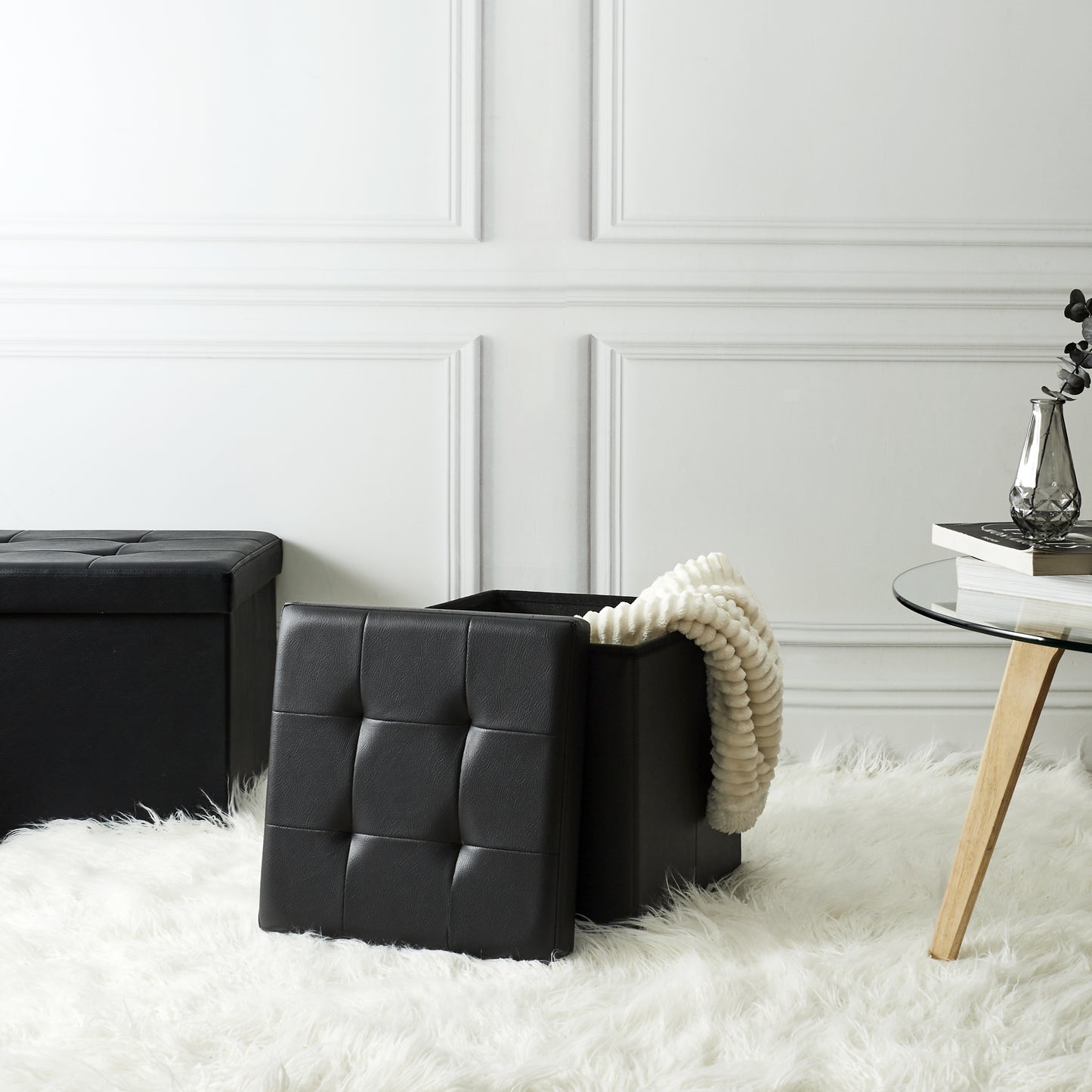 Coffre Pouf Pliable Pu Noir