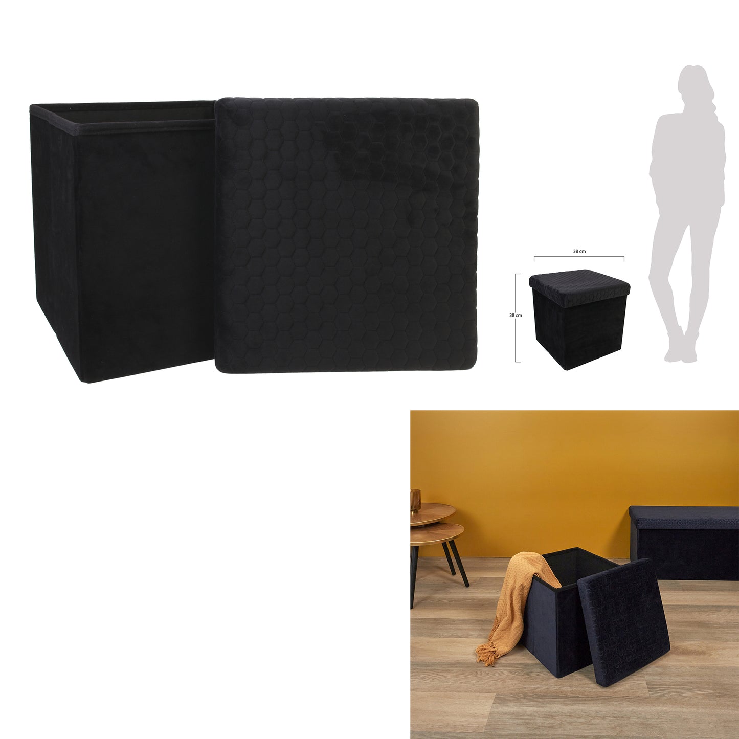 Coffre Pouf Pliable Velours Noir