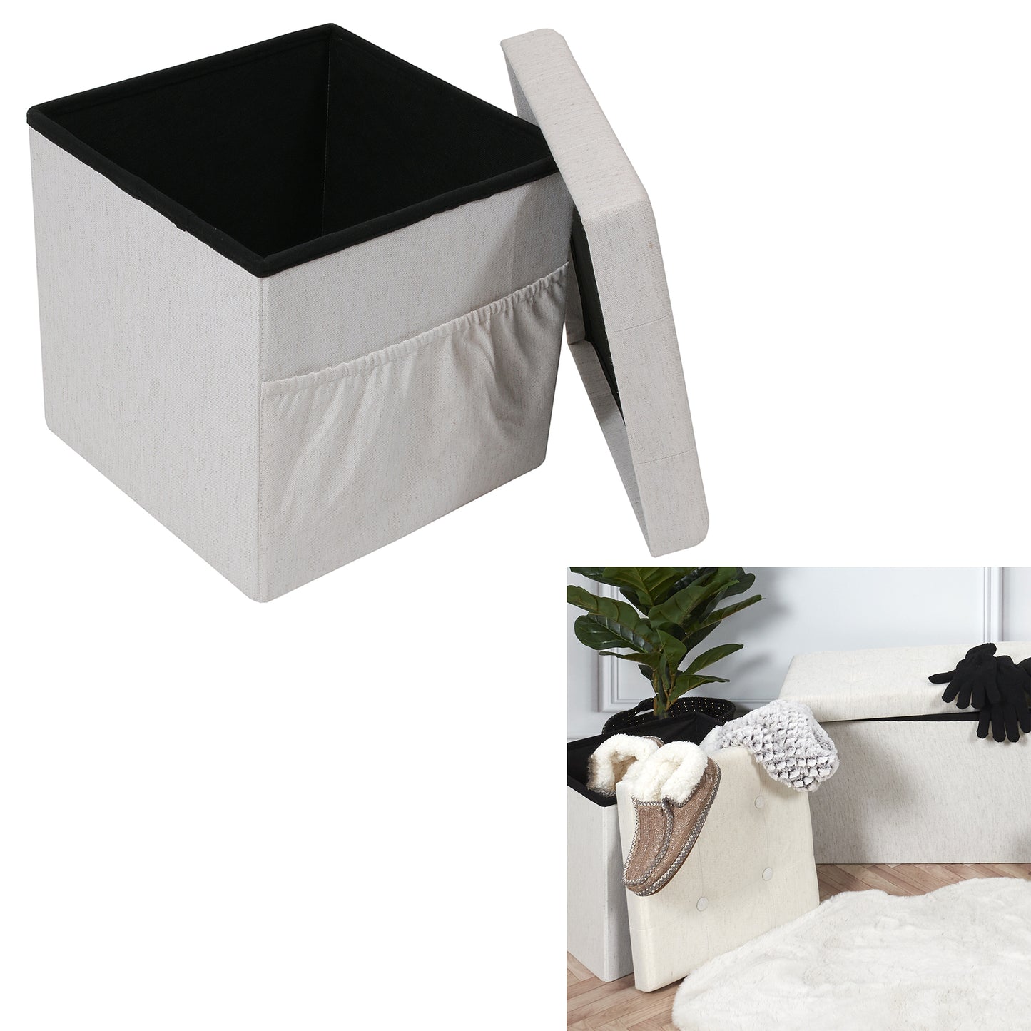 Coffre Pouf Pliable Tissu Beige