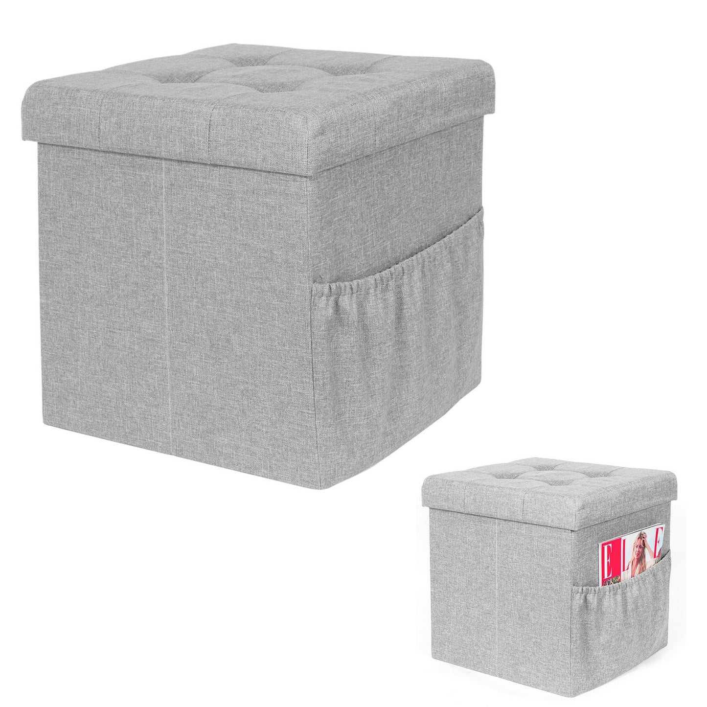 Coffre Pouf Pliable Tissu Gris Clair