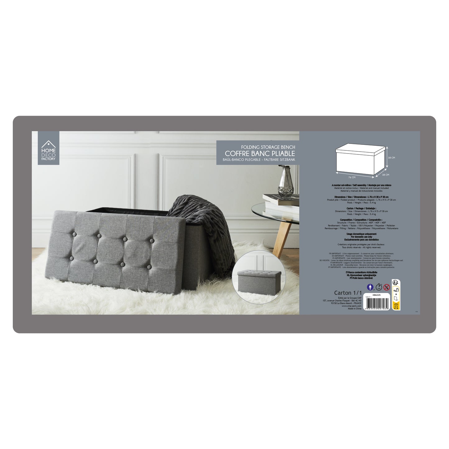 Coffre Banc Pliable Tissu Gris Fonce