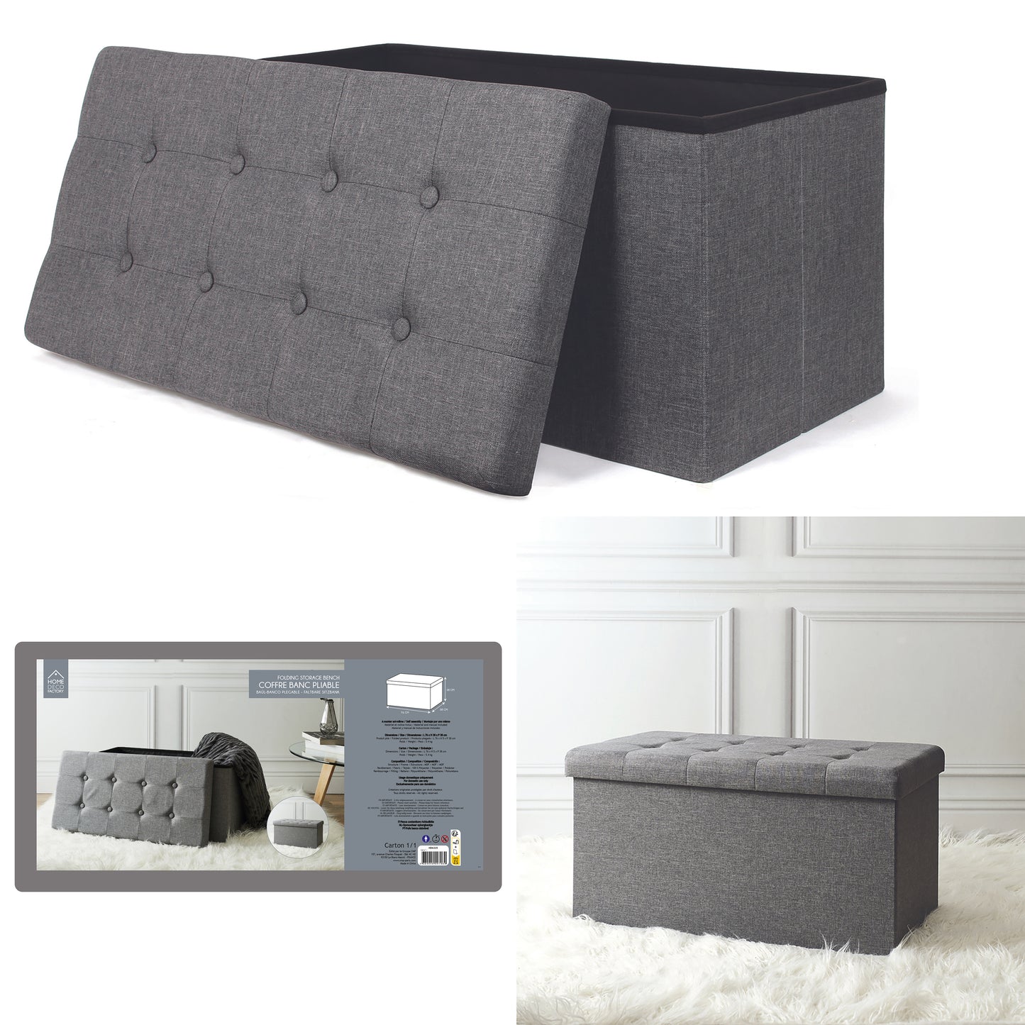 Coffre Banc Pliable Tissu Gris Fonce