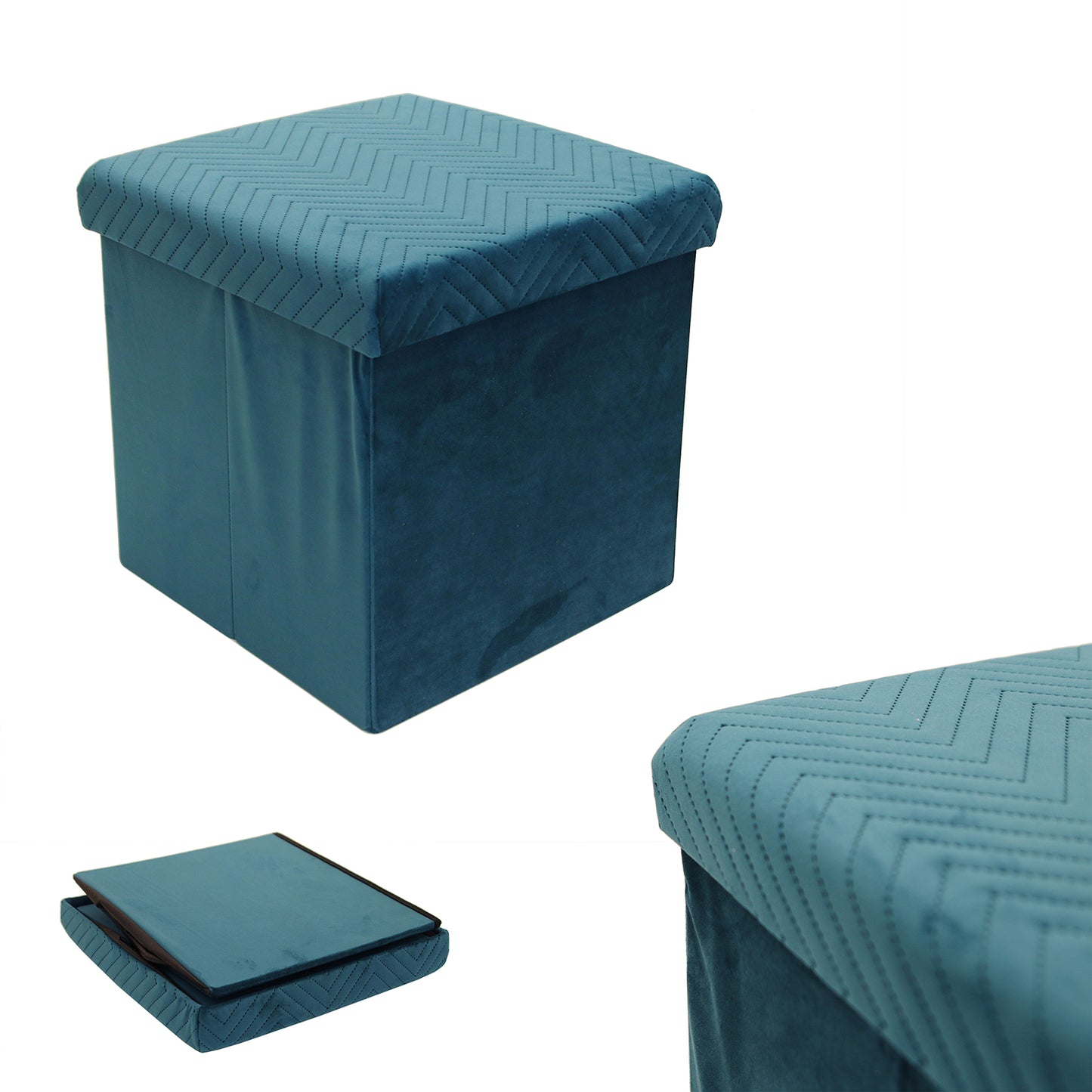 Coffre Pouf Pliable Velours A Motif Bleu