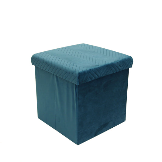 Coffre Pouf Pliable Velours A Motif Bleu