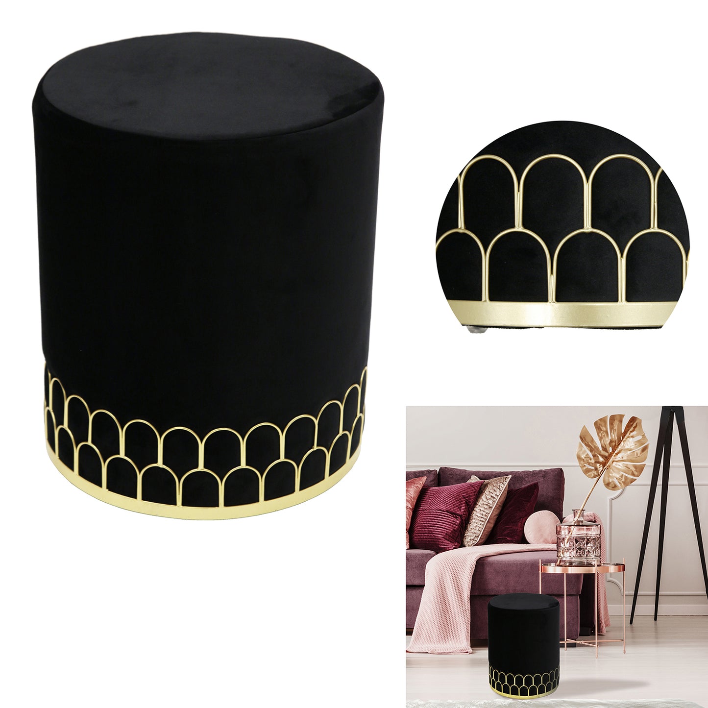 Pouf Velours Lisere Metal Noir