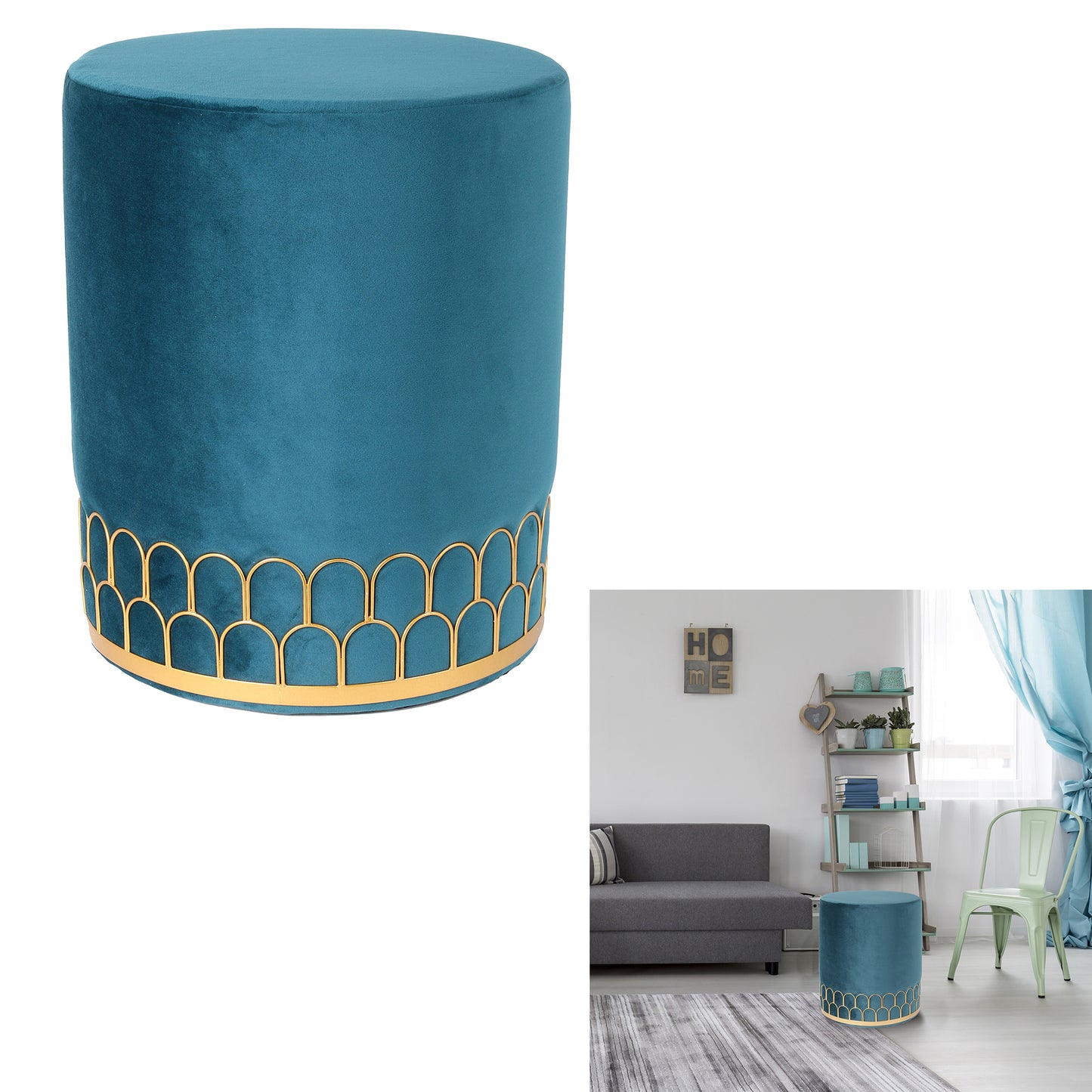 Pouf Velours Lisere Metal Bleu