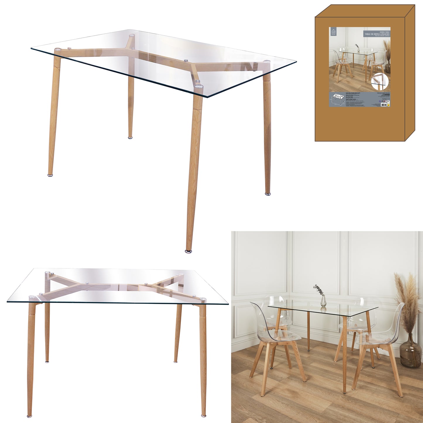 Table En Verre Pieds Metal Effet Bois 75X115Cm