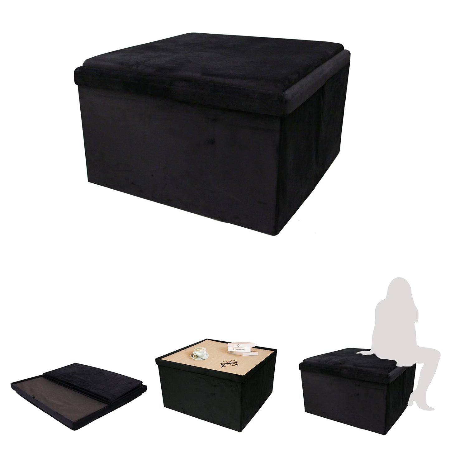 Coffre Pouf Pliable Table Velours Noir 76X76Cm