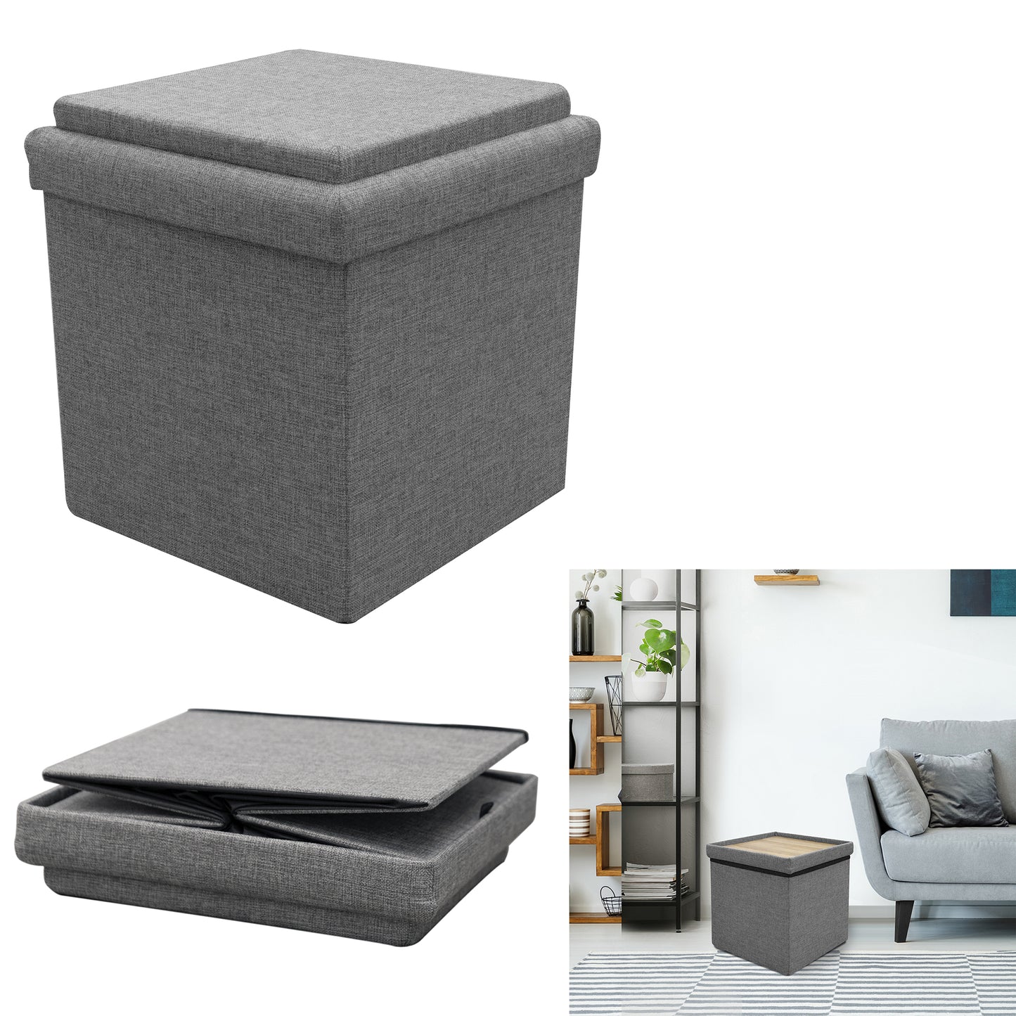 Coffre Pouf Pliable Table Tissu Gris 38X38Cm