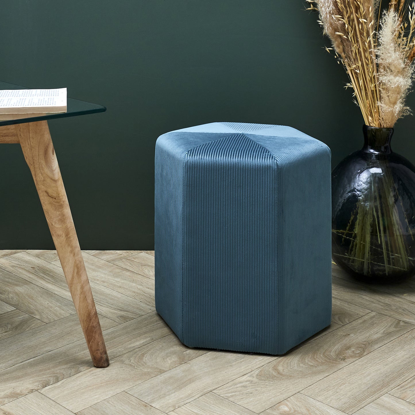 Pouf Velours Cotele 35Cm Giulia Bleu Canard