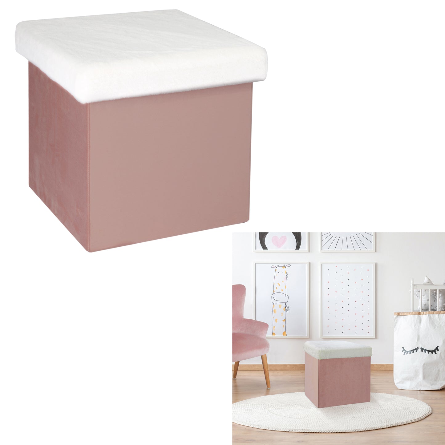 Coffre Pouf Pliable Rose Imitation Fourrure Leo