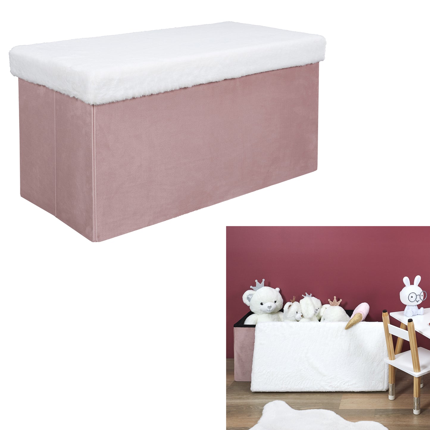 Coffre Banc Pliable Rose Imitation Fourrure Leo