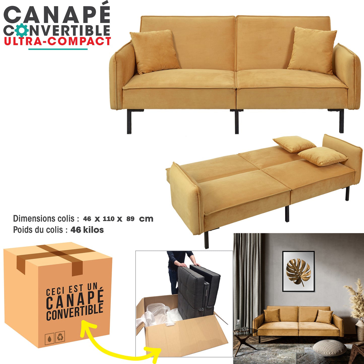 Canape Convertible Velours 2 Coussins Ocre