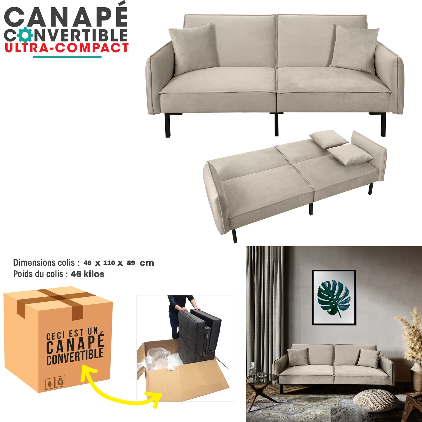 Canape Convertible Velours 2 Coussins Taupe