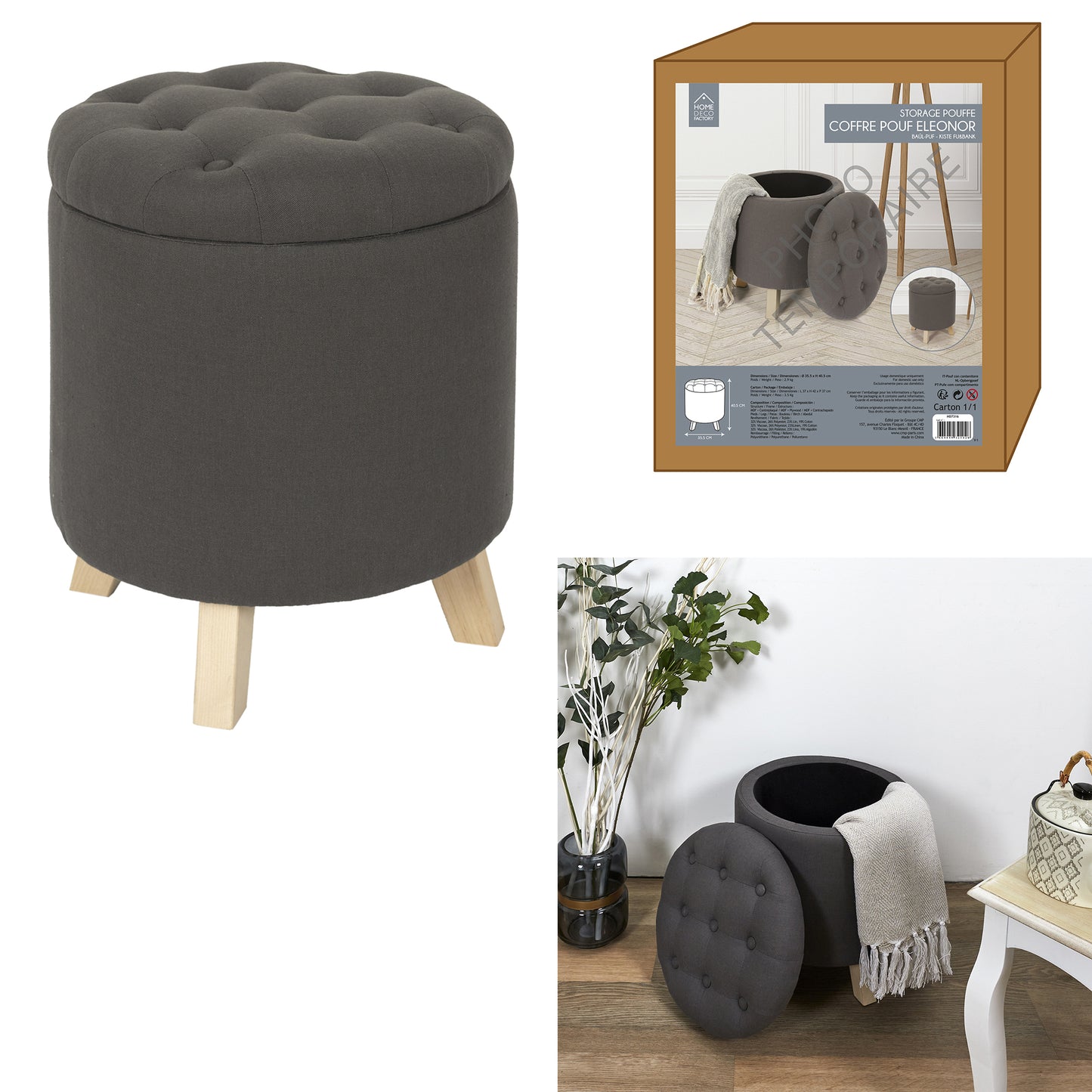 Coffre Pouf Rond Eleonor Gris