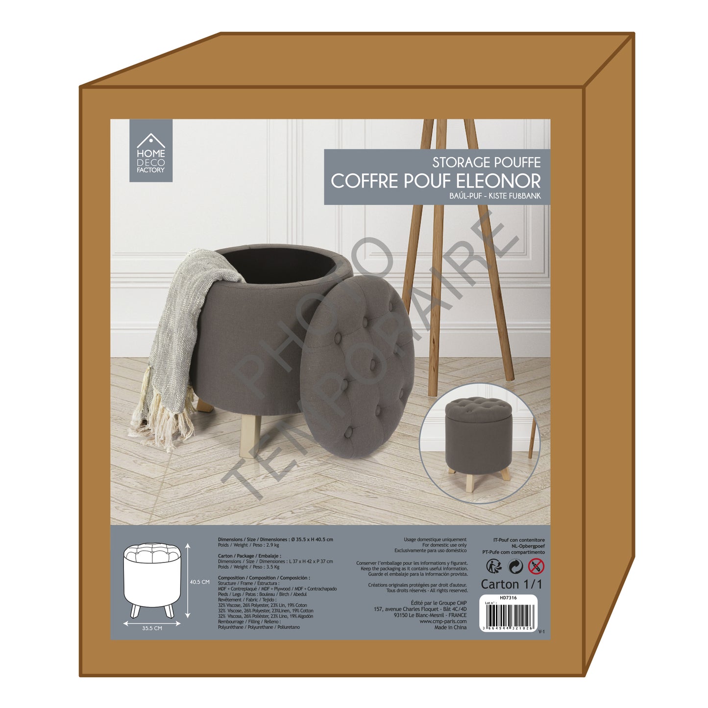 Coffre Pouf Rond Eleonor Gris