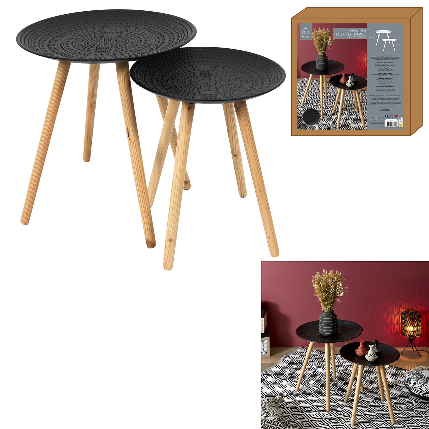 Table Gigogne Ronde Relief Noir X2