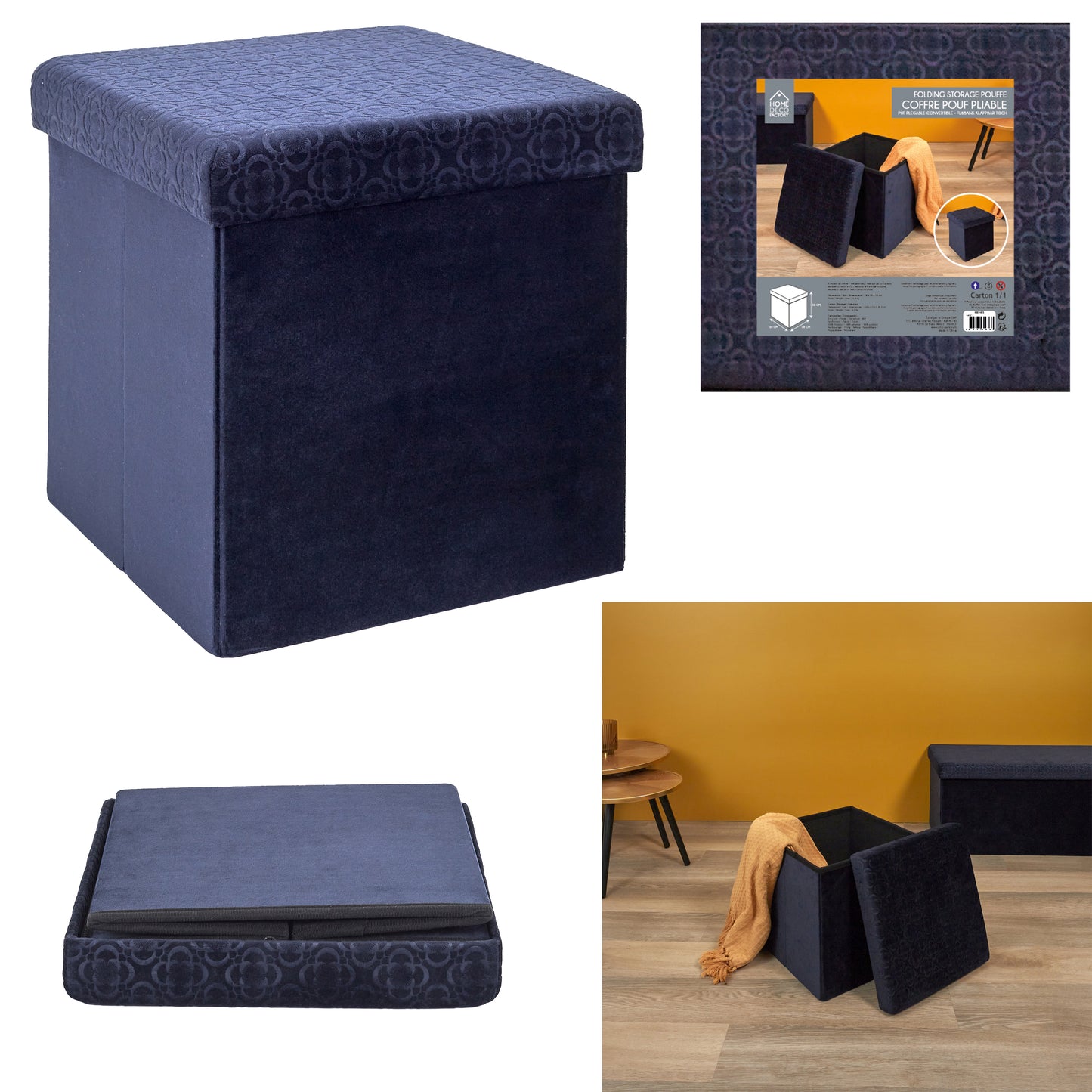 Coffre Pouf Pliable Retro Bleu Nuit