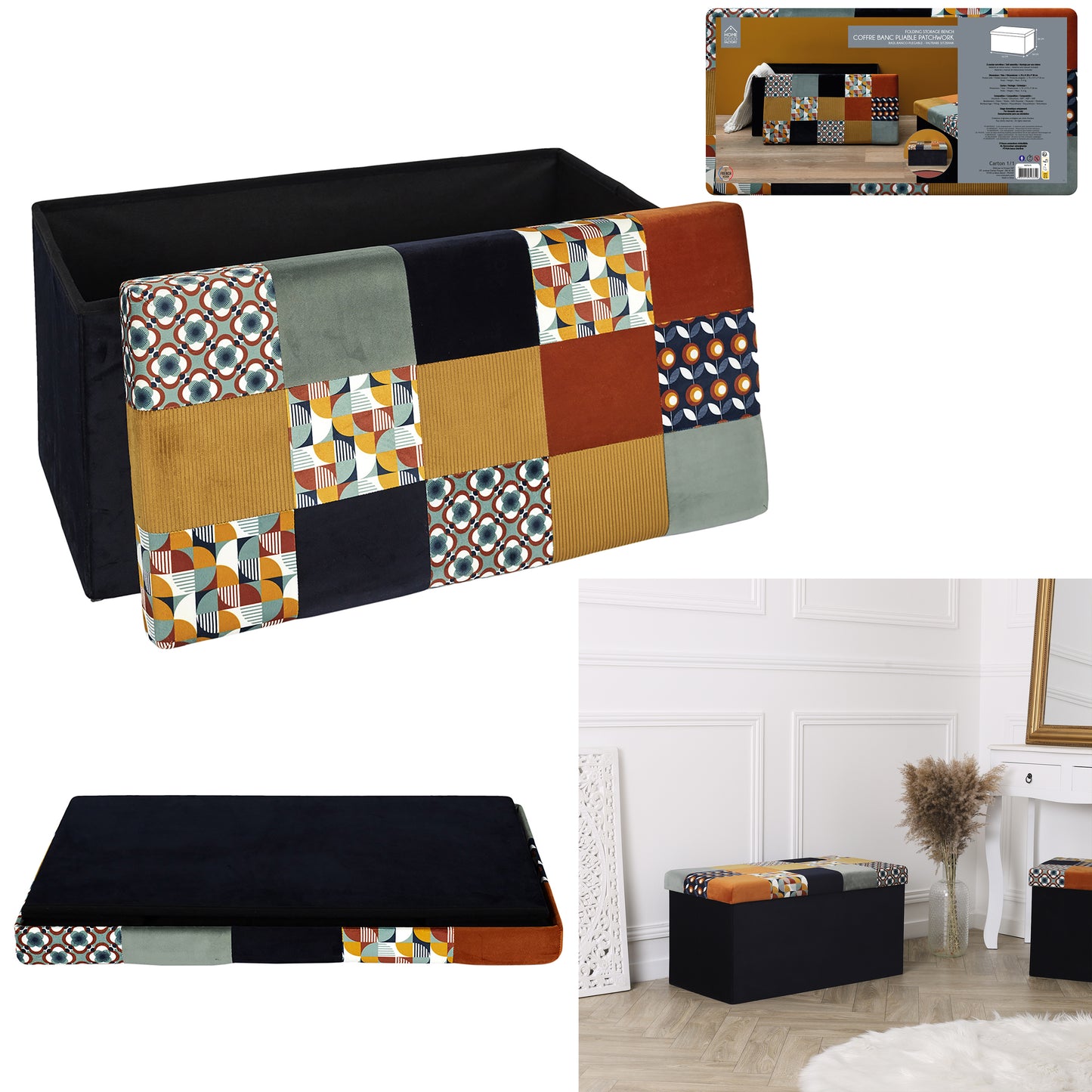 Coffre Banc Pliable Patchwork Retro