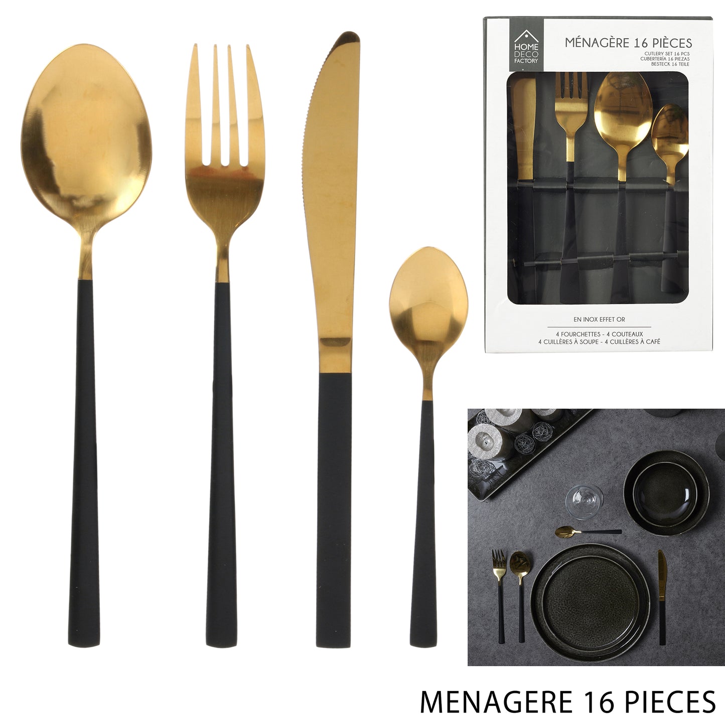 Menagere 16 Pieces Gold Manche Noir