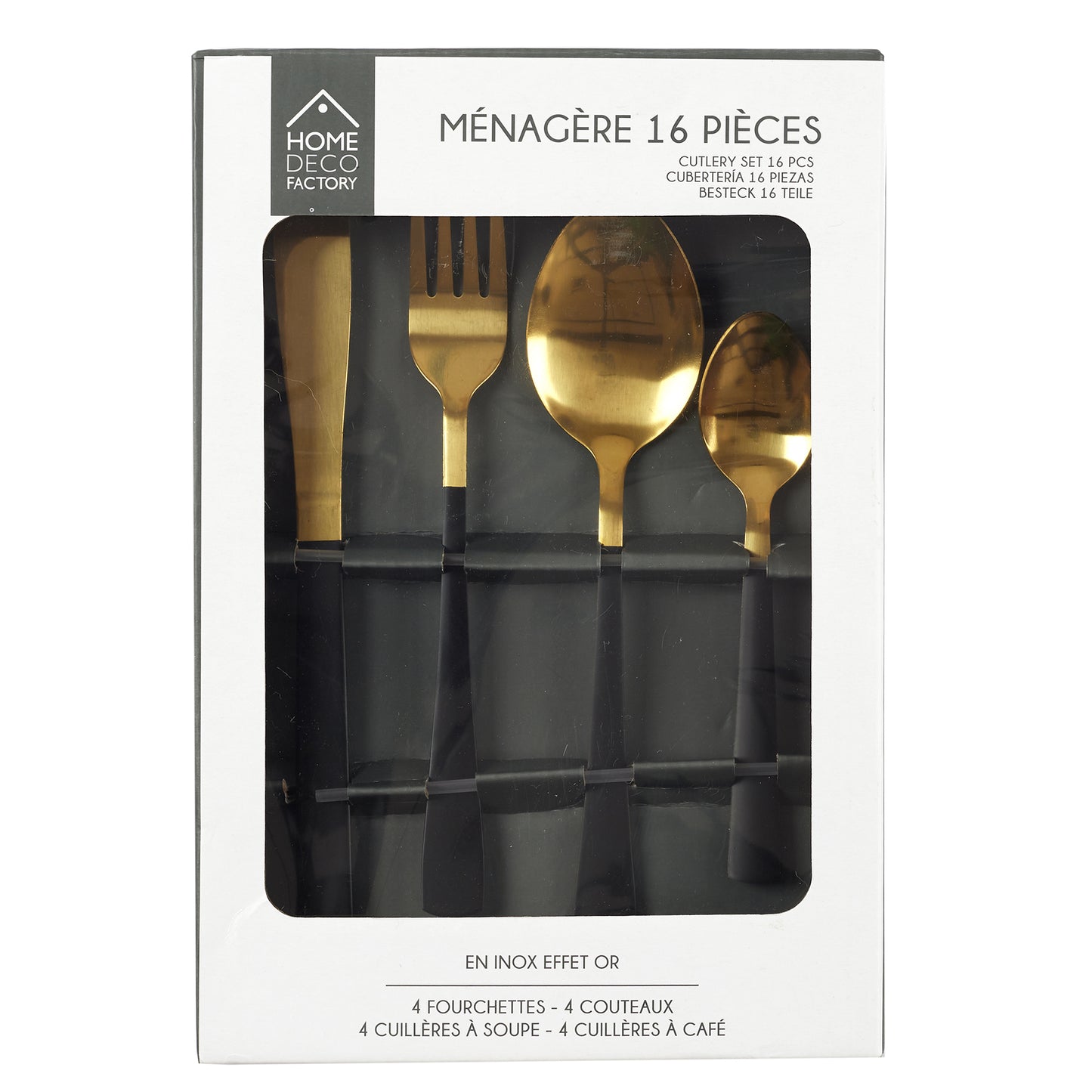 Menagere 16 Pieces Gold Manche Noir