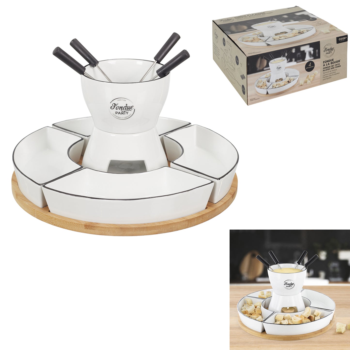 Fondue Coffret Support Bambou Coupelle X4 Et P4