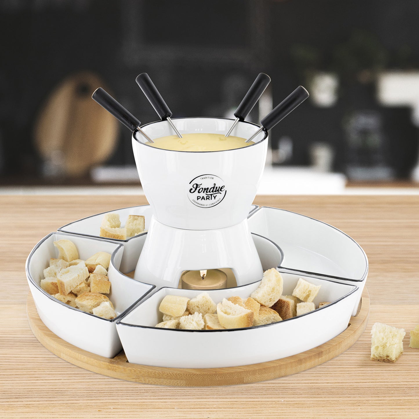 Fondue Coffret Support Bambou Coupelle X4 Et P4