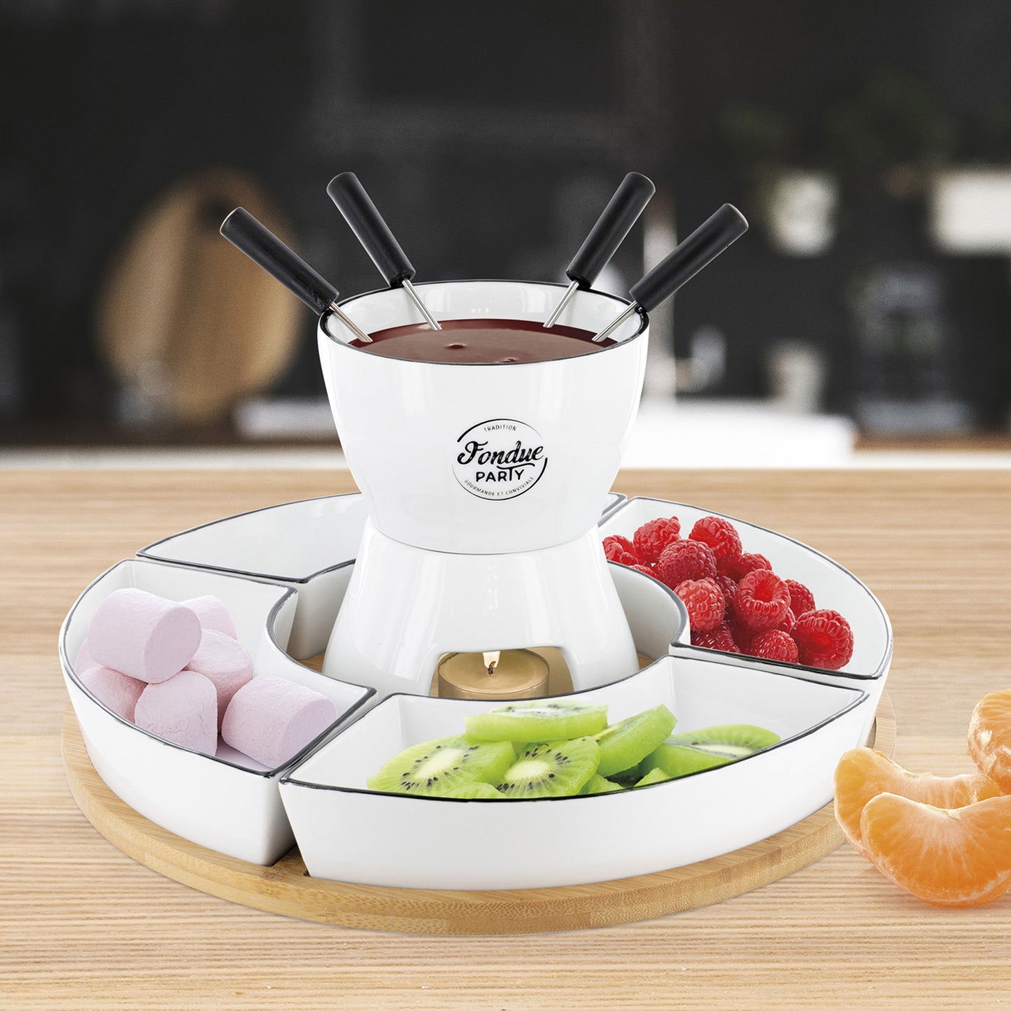 Fondue Coffret Support Bambou Coupelle X4 Et P4