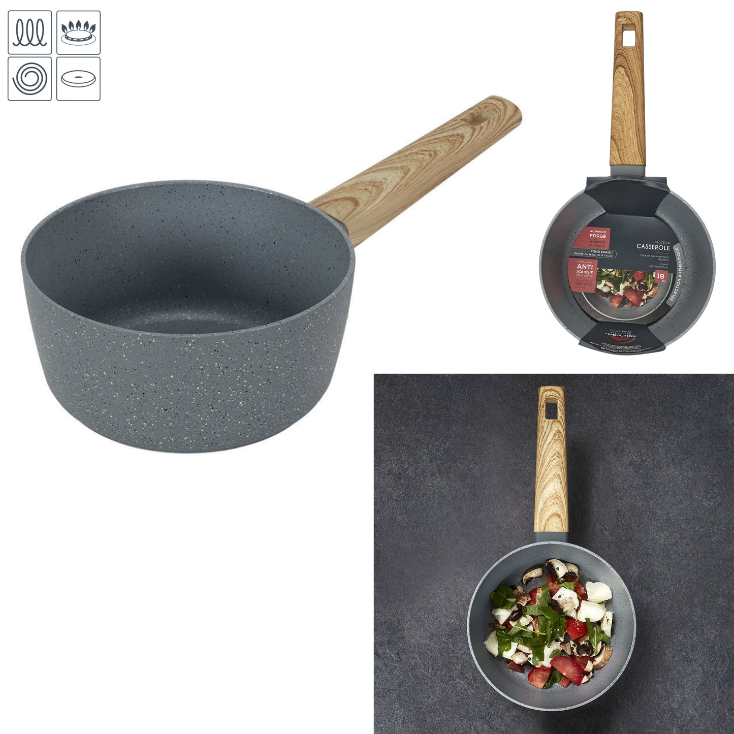 Casserole Alu Forge Manche Effet Bois 18Cm