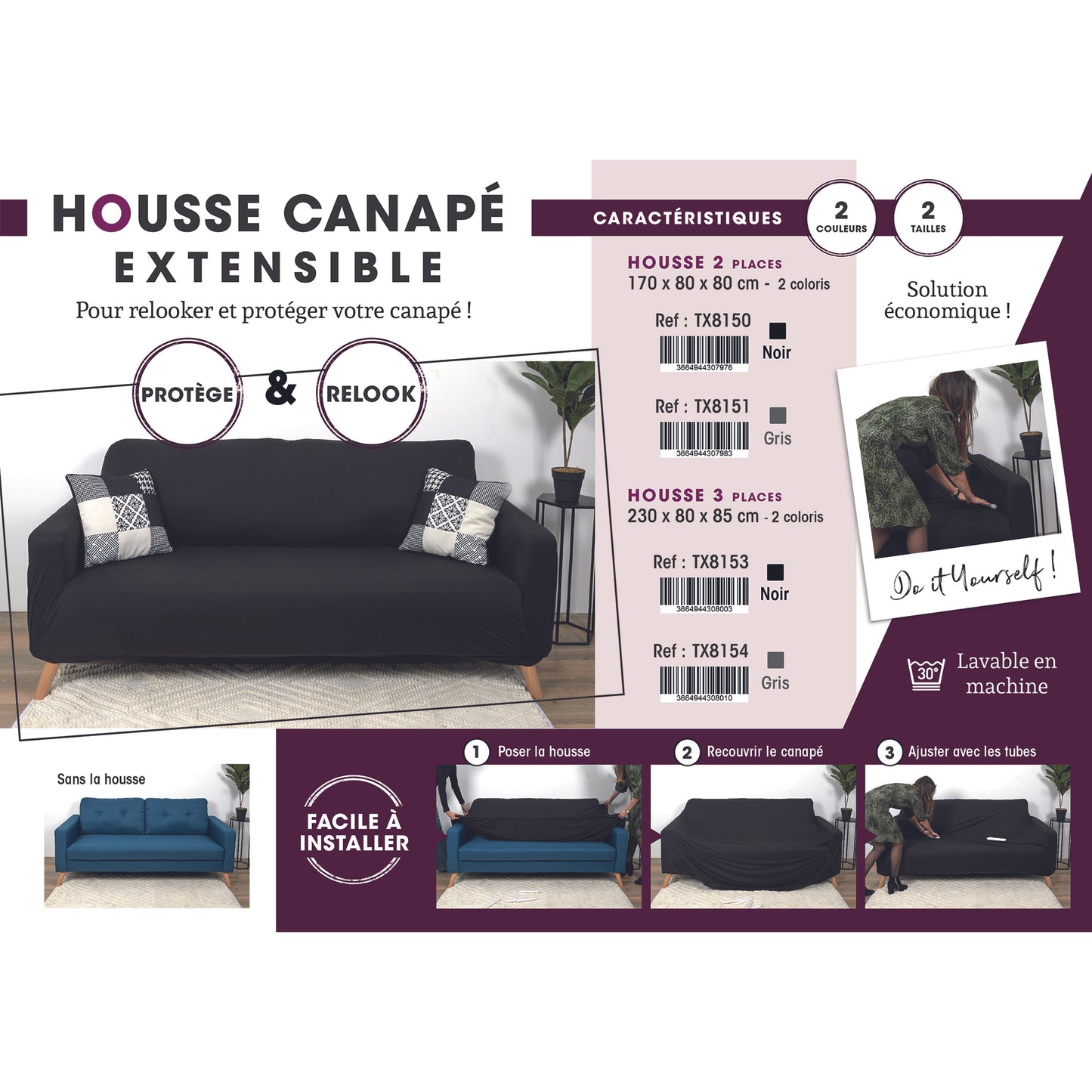 Housse Extensible Canape Trois Places Noir