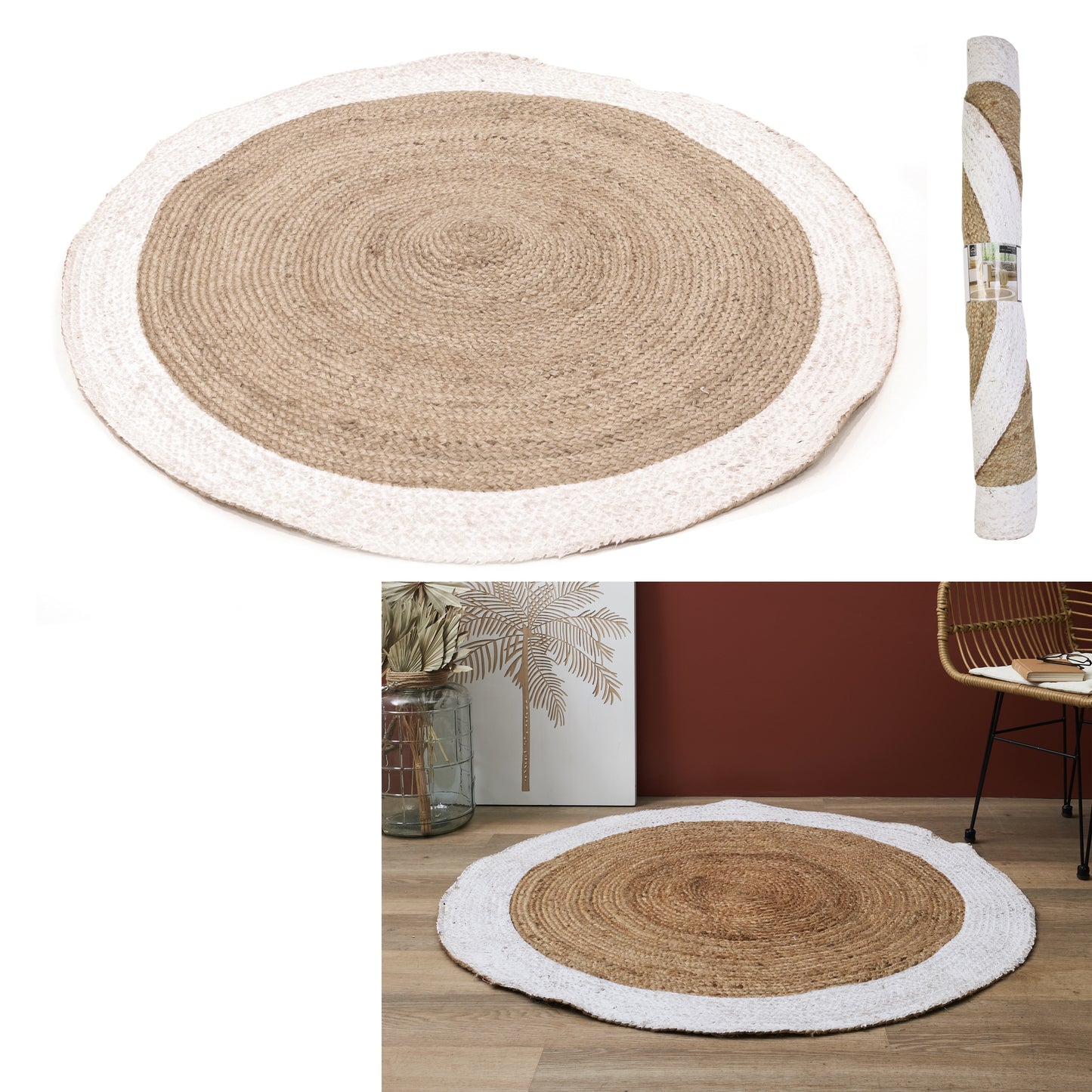 Tapis Jute Bord Blanc 120Cm