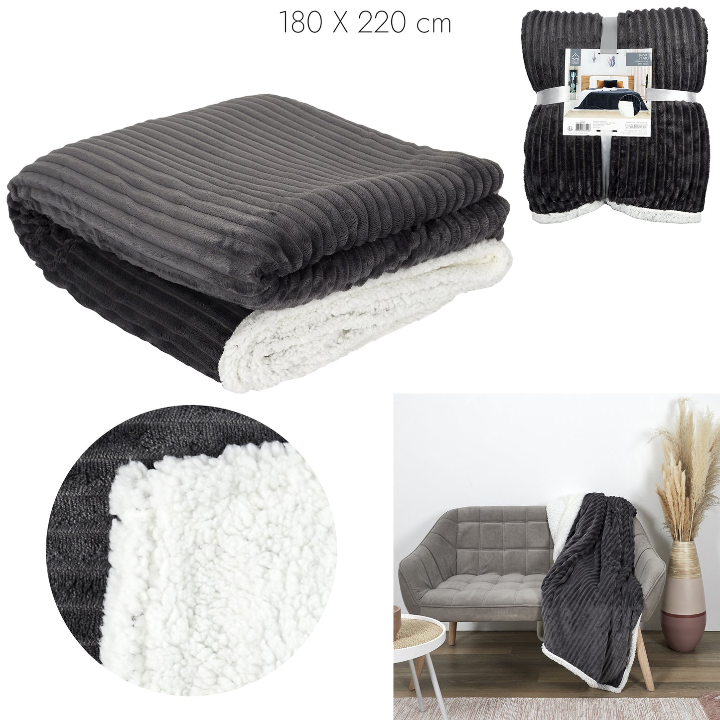 Plaid Flanelle Cotele Sherpa Gris 180X220Cm